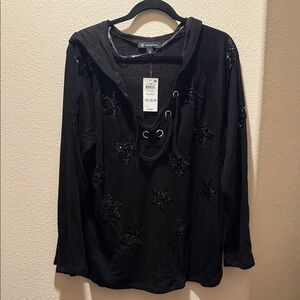 INC International Concepts Black Lace-Up Hooded Top with Star Sequin Accents